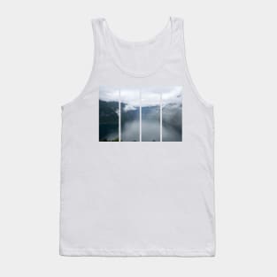 Wonderful landscapes in Norway. Vestland. Beautiful scenery of Geiranger Fjord from the Ljoen viewpoint. Rainy day Tank Top